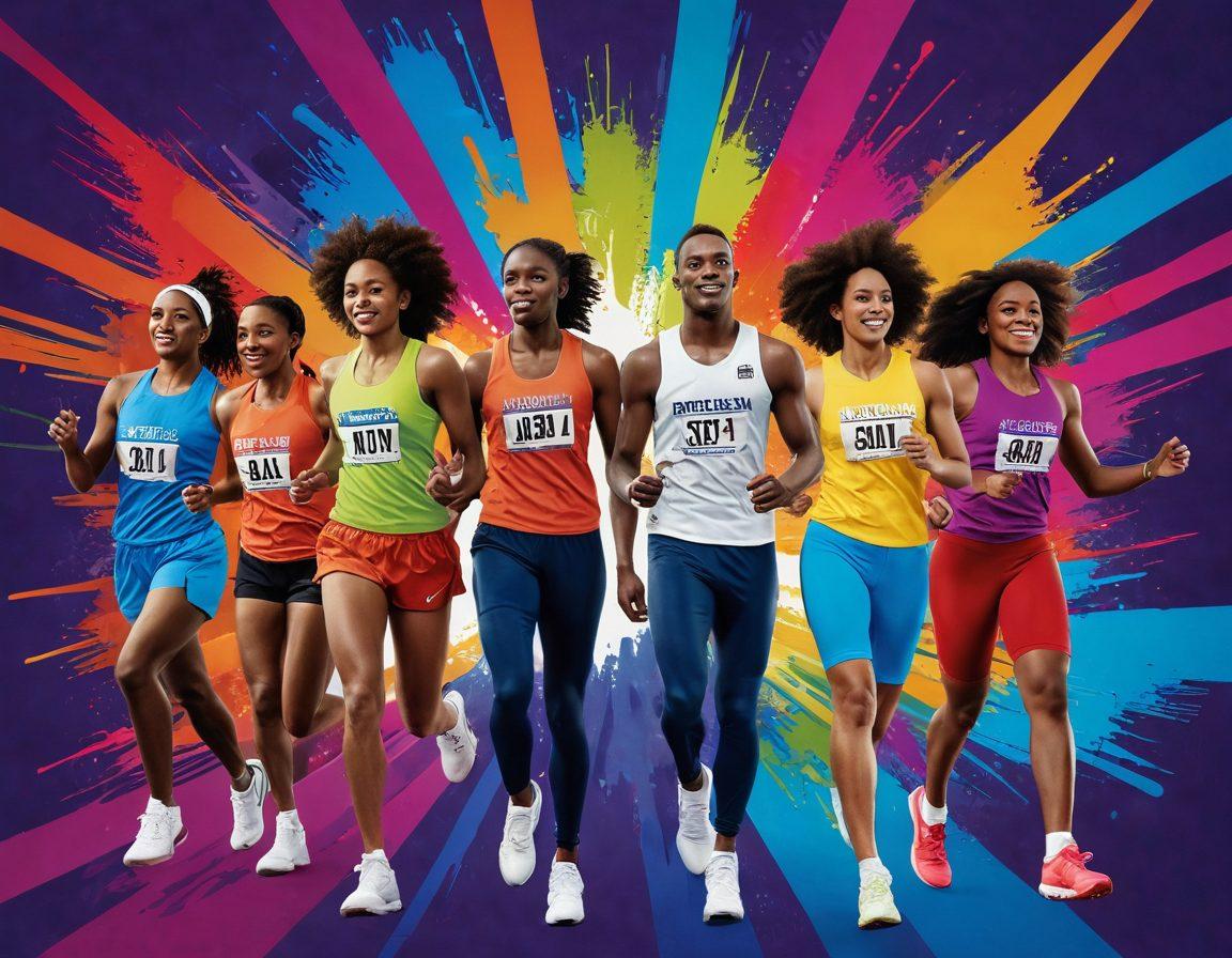 A dynamic visual showcasing a diverse group of athletes and performers wearing vibrant, customized team attire, representing various events like a marathon, theater performance, and music festival. The background features a blend of enthusiastic crowds and event stages, capturing the energy of teamwork and passion. Include detailed textures on the fabrics of the apparel and focused expressions of determination. The colors should be bright and engaging, highlighting individuality yet reflecting unity. super-realistic. vibrant colors. high-energy.