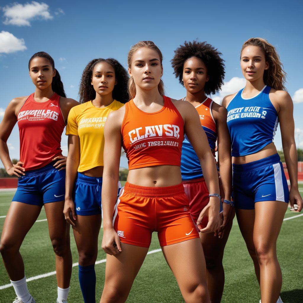 A dynamic scene showcasing a diverse group of athletes passionately engaged in various sports, each wearing customized athletic wear and team attire. The backdrop features a vibrant athletic field, infused with colors that represent different sports teams. Focus on expressions of teamwork and excitement, highlighting the blend of colors and fabrics in the athletic wear. Include motivational quotes artistically integrated into the scene. vibrant colors. super-realistic.
